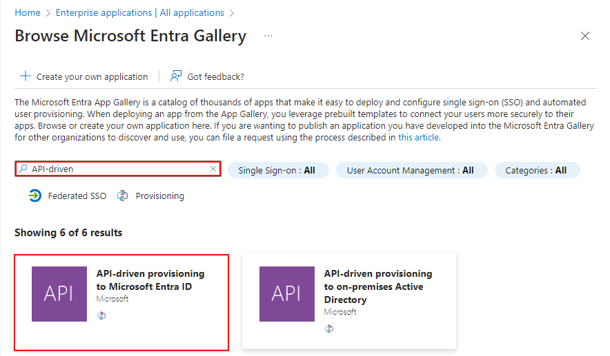 Figure 4: Search for API-driven provisioning application.