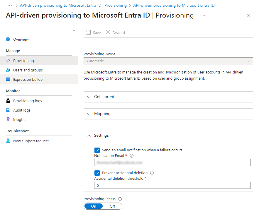 Figure 6: API-driven provisioning settings.