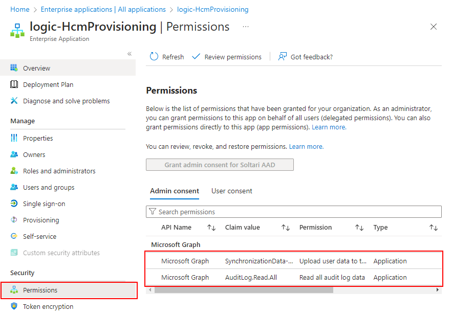 Figure 8: Service Principal permissions.