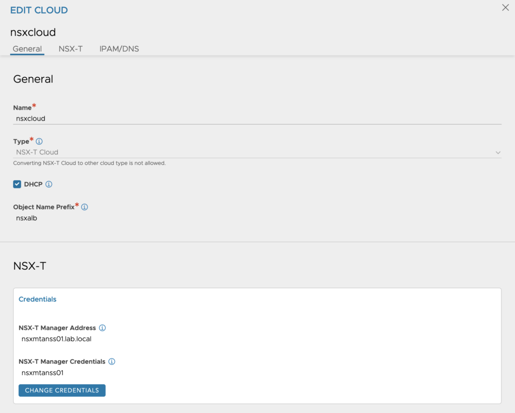 AVI NSX-T Cloud Settings - General