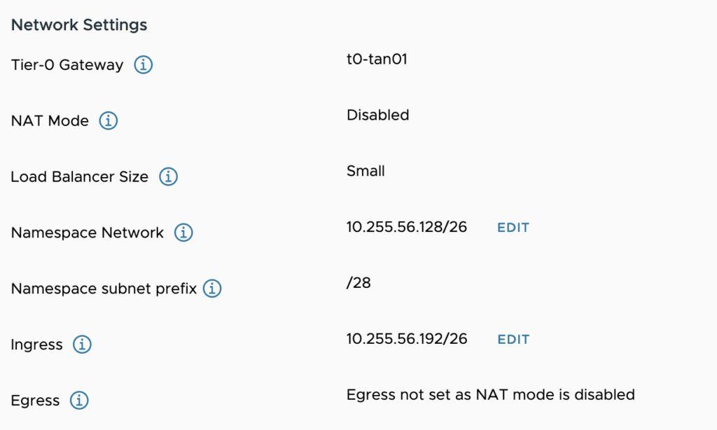 vSphere Namespace overwrite network settings