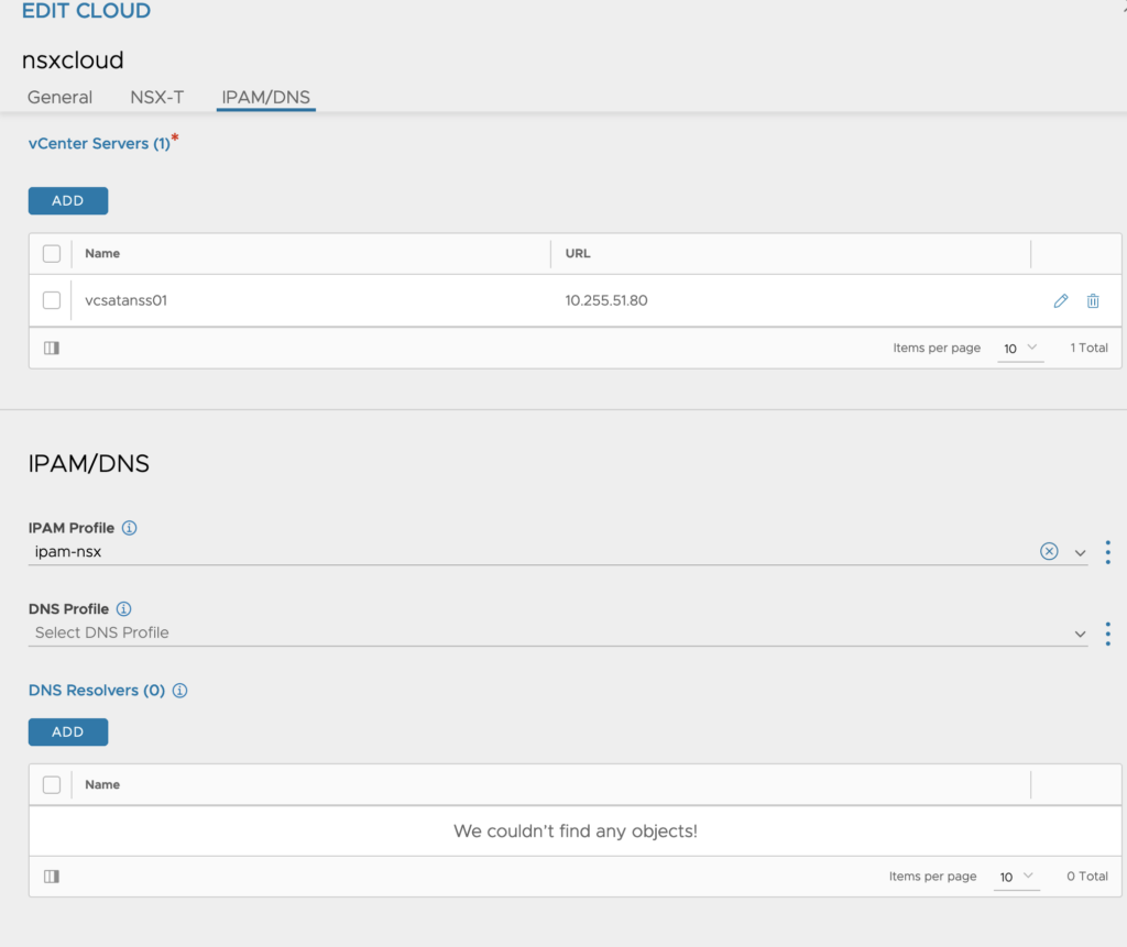 AVI NSX-T Cloud Settings - IPAM and DNS