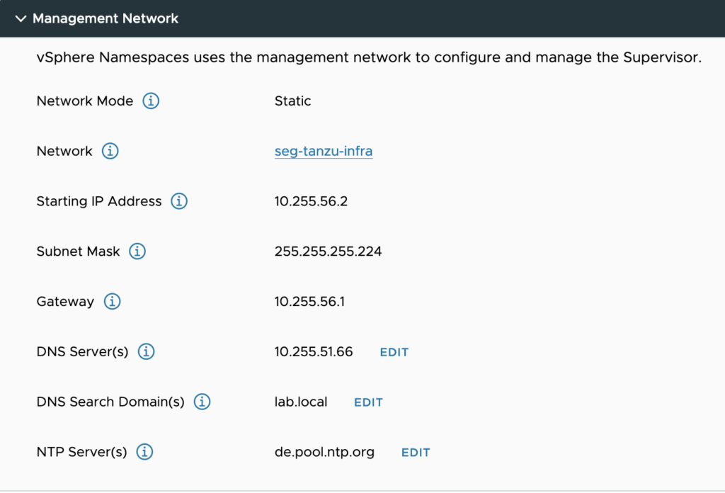 Tanzu deployment settings - Management Network