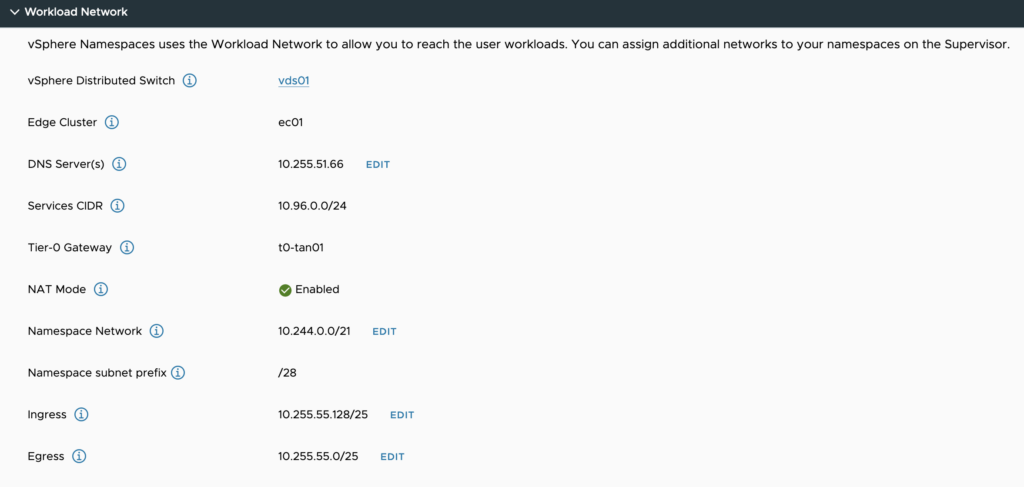 Tanzu deployment settings - Workload Network
