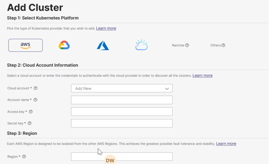 Zrzut ekranu strony internetowej umożliwiającej dodanie klastra Kubernetes. Opcje dostawców obejmują AWS, Google, Azure, Rancher i inne. Poniżej znajdują się pola na informacje o koncie w chmurze oraz lista rozwijana umożliwiająca wybór regionu.