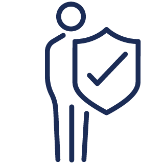 Simple line drawing of a person standing behind a shield with a checkmark, symbolizing protection, security, or verified status.