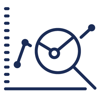 A stylized line graph with a magnifying glass highlighting intersecting data points, suggesting data analysis or statistics.