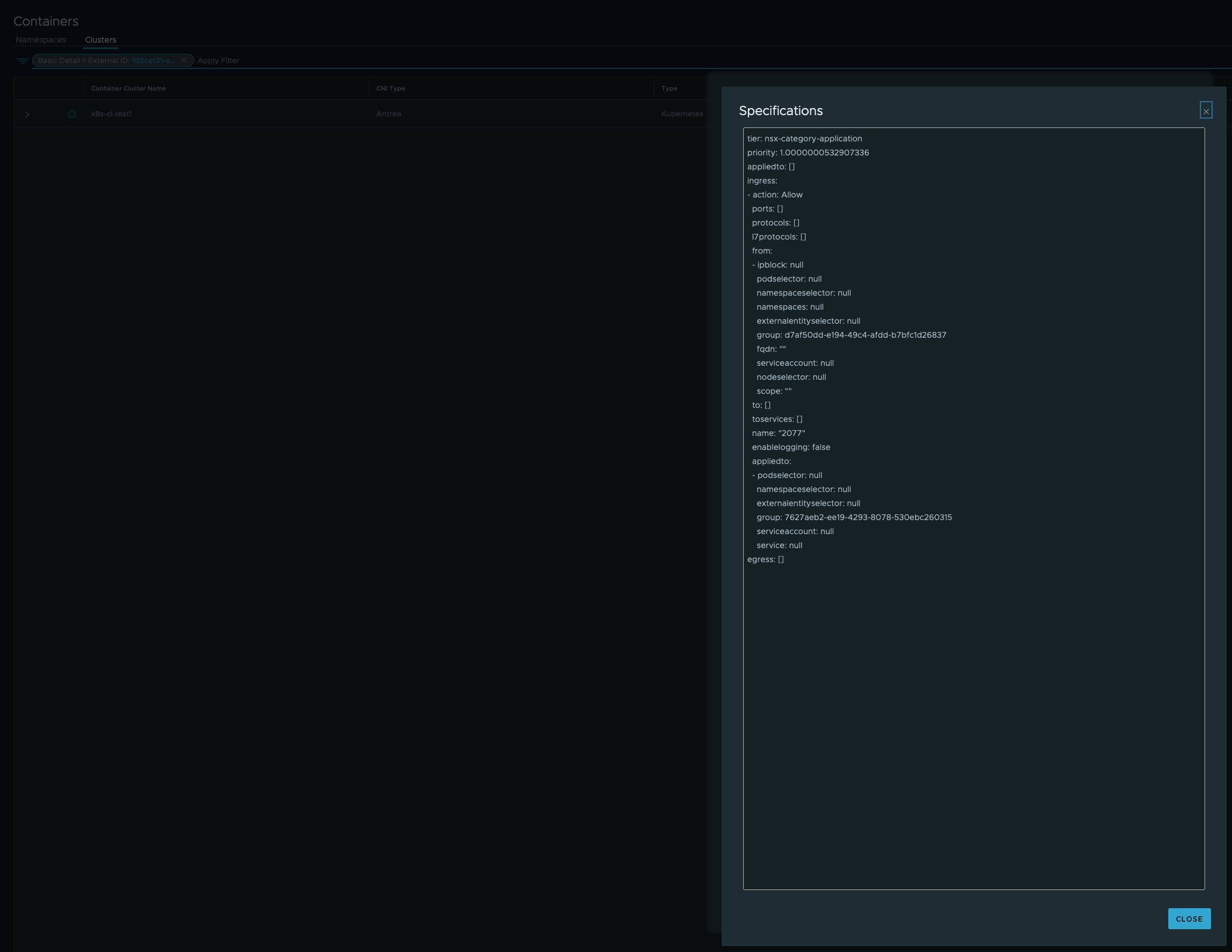 Detailed output of Antrea Cluster Network Policy created by NSX-T