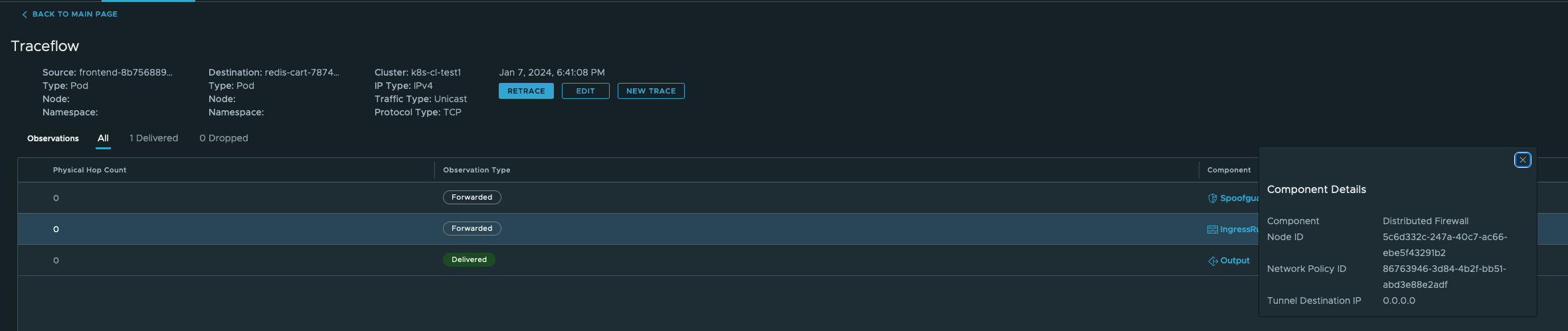 Packet flow based on NSX-T Traceflow with DFW Rule enabled