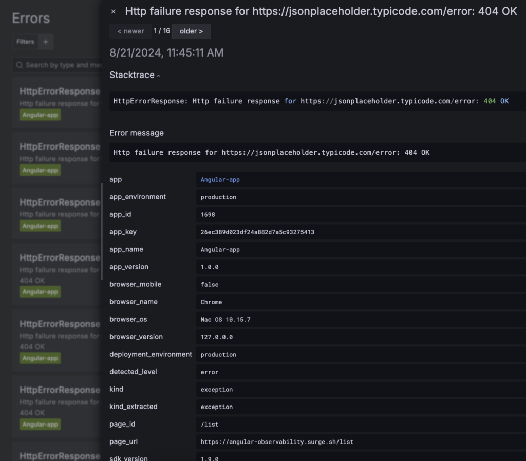 Example of error tracking display in Grafana Cloud