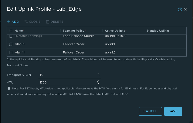 Uplink Profile – Edge VM
