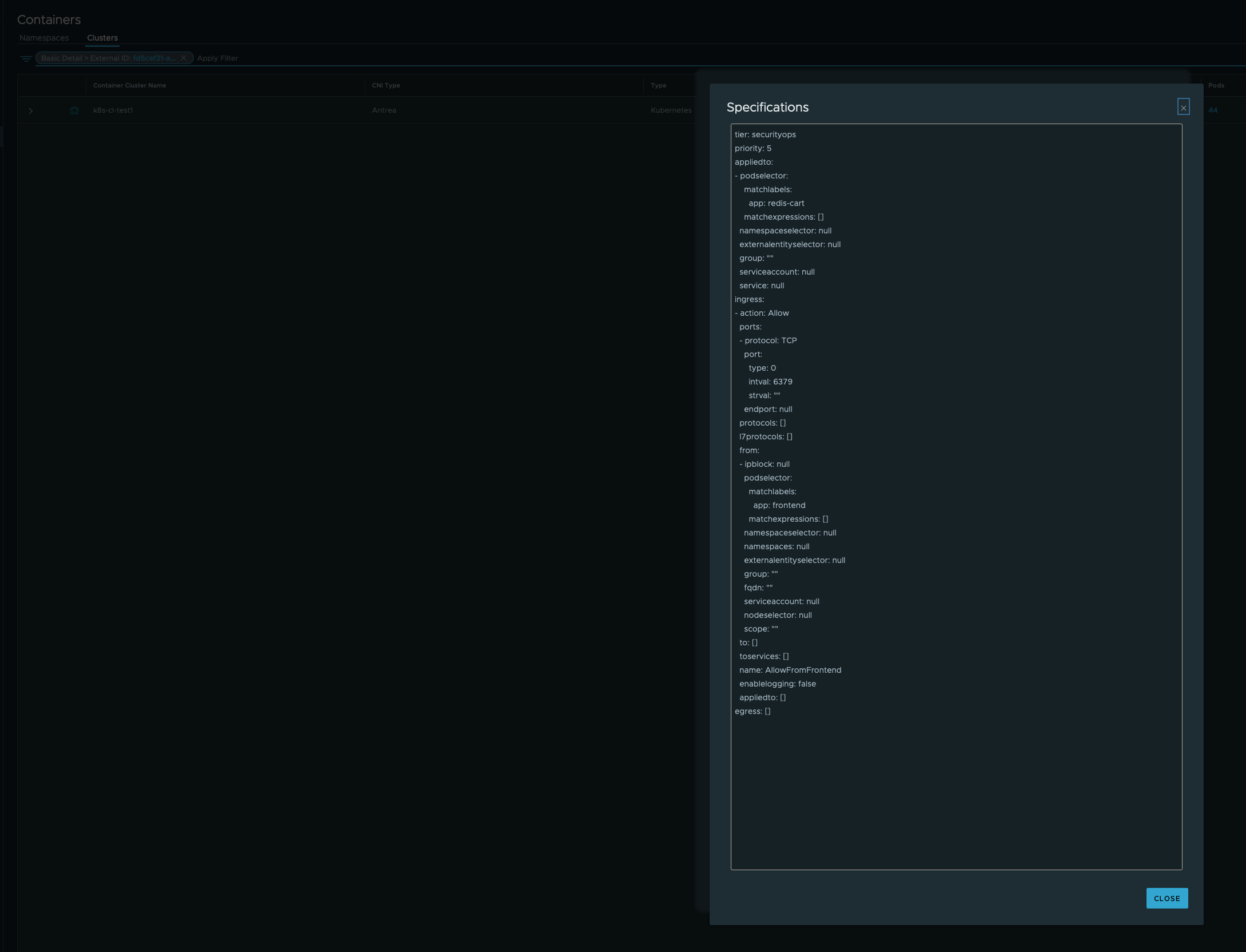 Detailed output of Antrea Cluster Network Policy created by K8s
