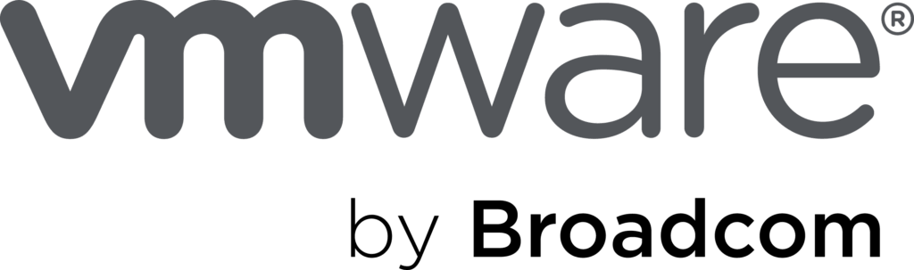 Obraz przedstawia logo VMware w kolorze szarym, z napisem by Broadcom pod spodem; by jest w kolorze czarnym, a Broadcom jest pogrubionym czarnym tekstem, reprezentującym integrację rozwiązań Avi Load balancer.
